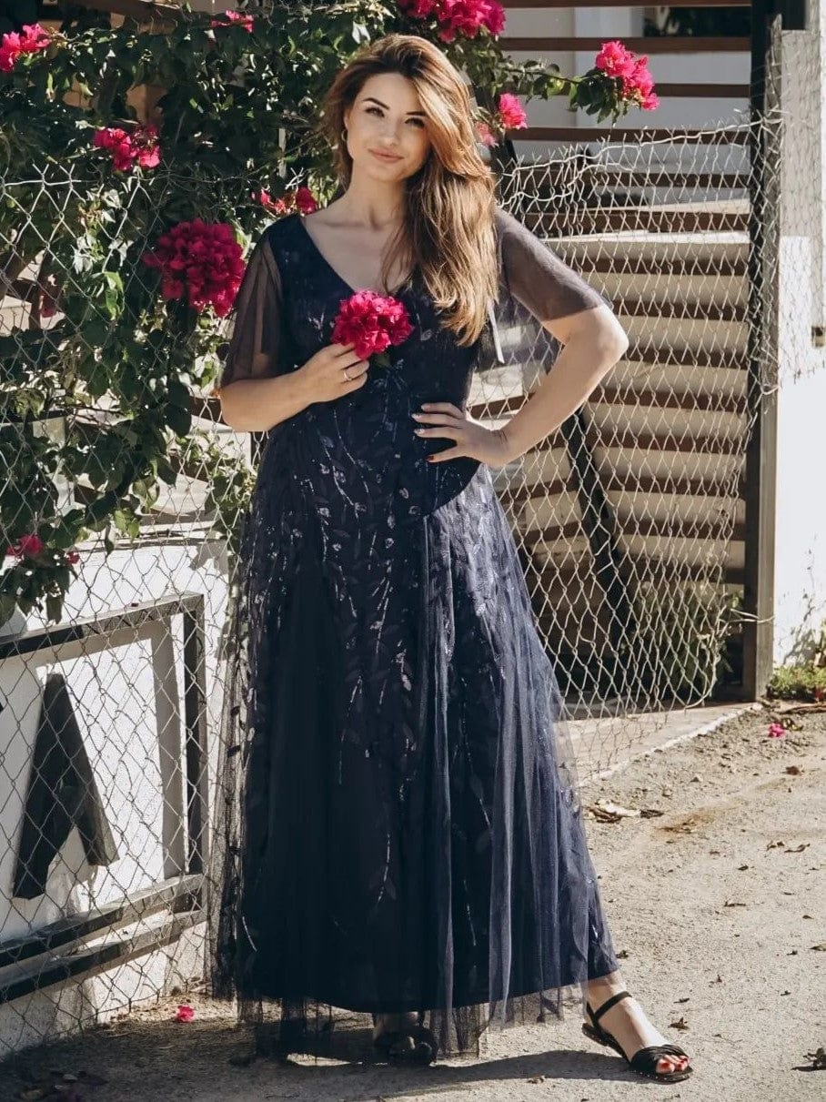 ever ASTRAL|Ruffle Sleeves Leaf Sequin Maxi Bridesmaid Dress Fan Photos 31