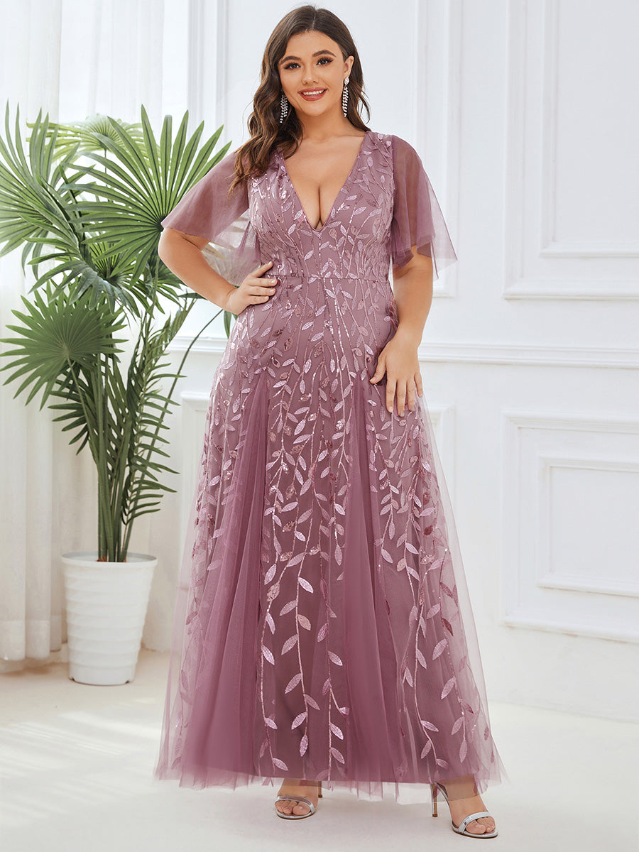 Shimmery V Neck Ruffle Sleeves Sequin Maxi Long Evening Dress #color_Purple Orchid