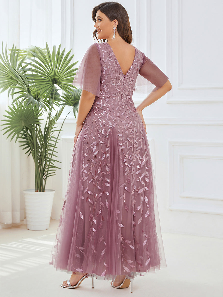 Shimmery V Neck Ruffle Sleeves Sequin Maxi Long Evening Dress #color_Purple Orchid