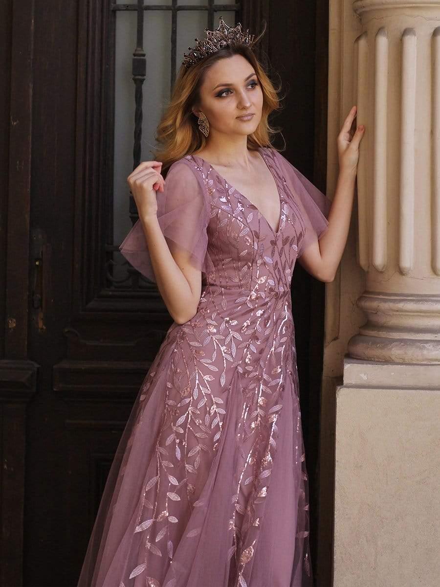 Elegant Ruffle Sleeves Maxi Sequin Mother of the Bride Dress #color_Purple Orchid