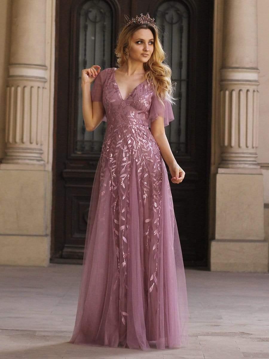 Elegant Ruffle Sleeves Maxi Sequin Mother of the Bride Dress #color_Purple Orchid
