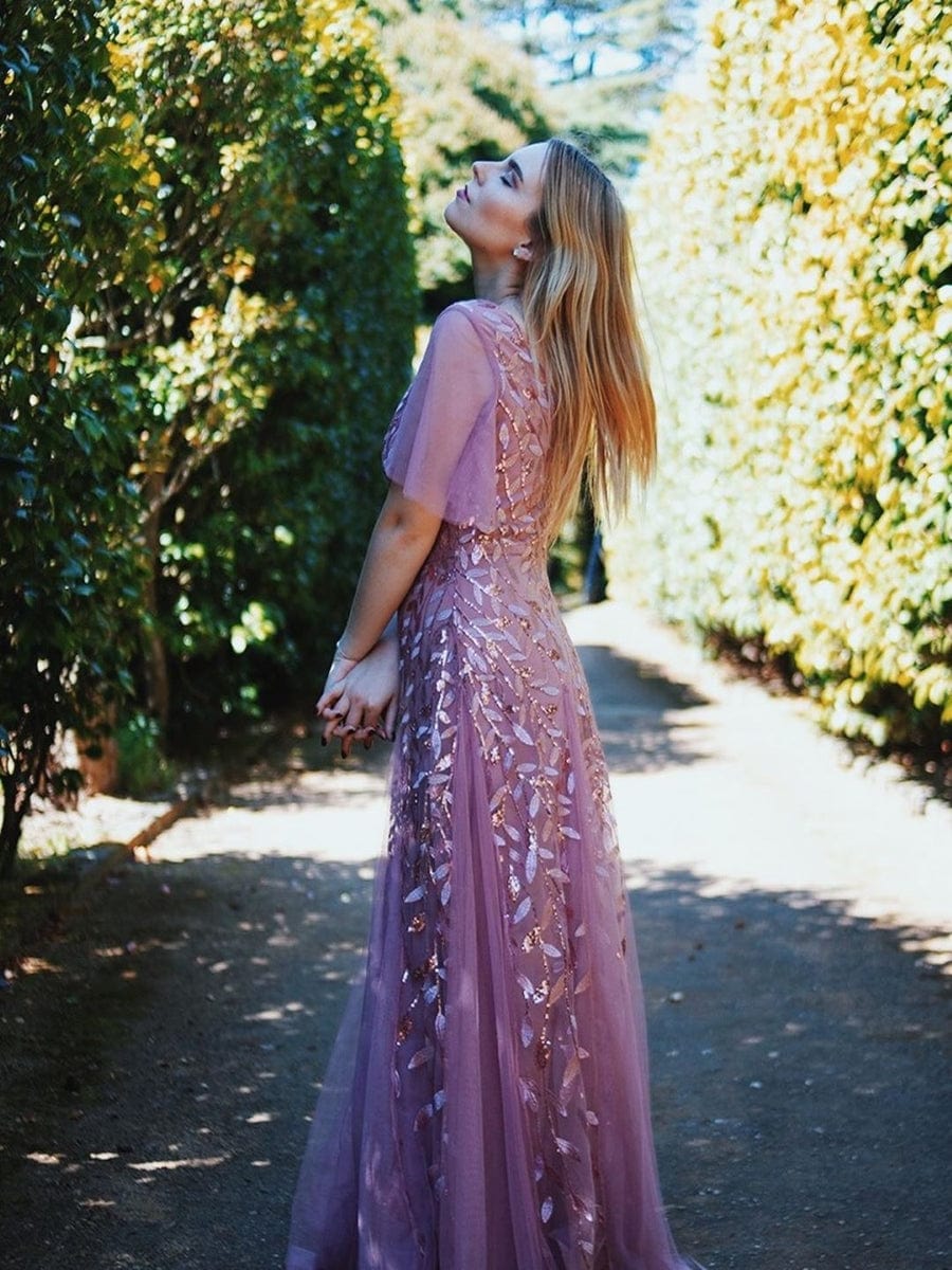 ever ASTRAL|Ruffle Sleeves Leaf Sequin Maxi Bridesmaid Dress Fan Photos 32