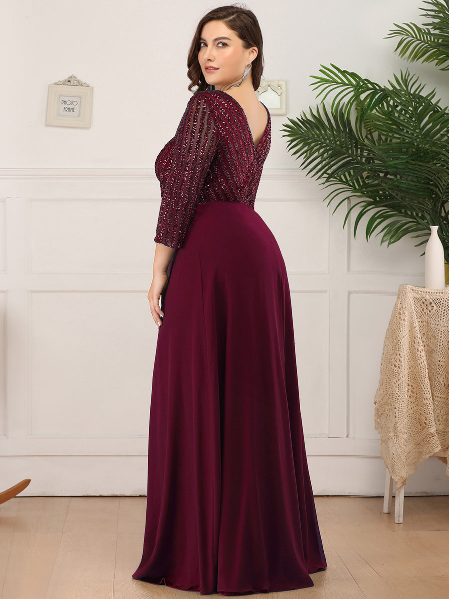 Plus Size Patchwork Chiffon Sequin V-Neck Evening Dress With Sleeve #color_Burgundy