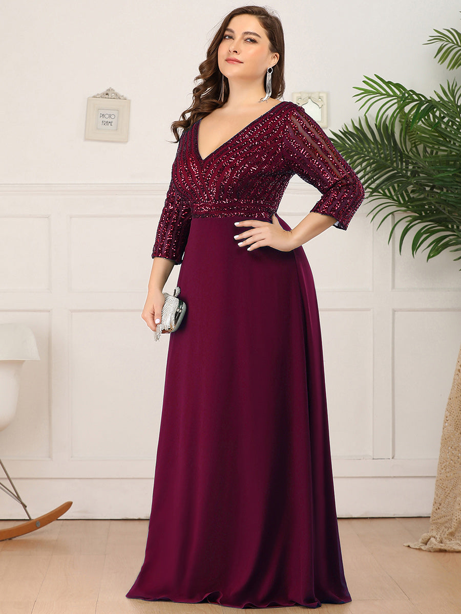 Patchwork Chiffon Sequin A-Line Evening Dress #color_Burgundy