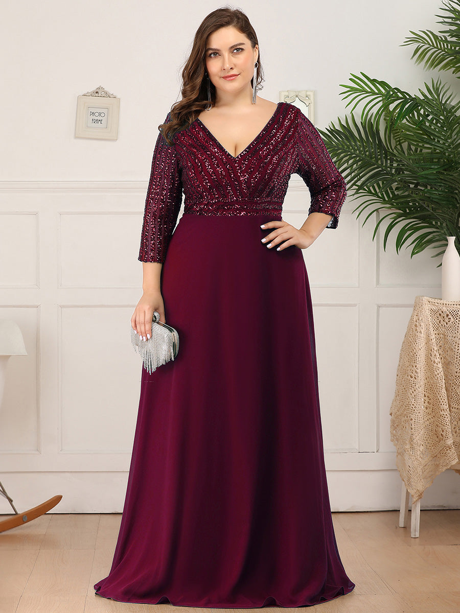 Patchwork Chiffon Sequin A-Line Evening Dress #color_Burgundy
