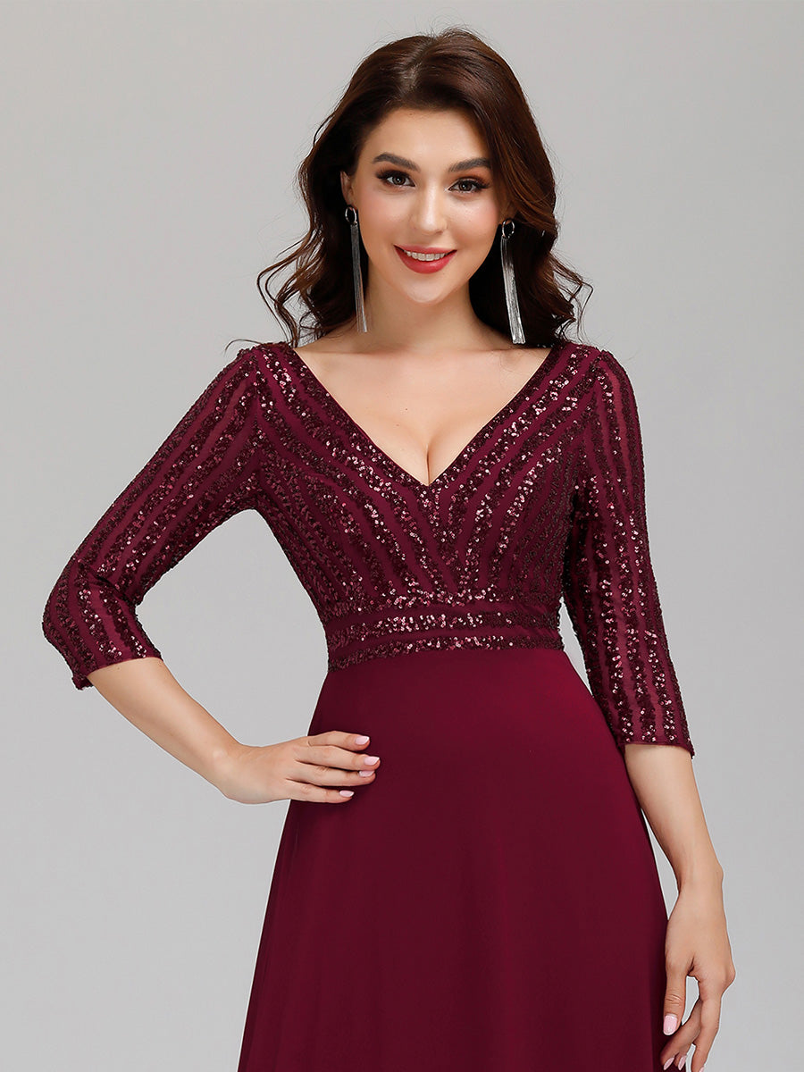Patchwork Chiffon Sequin A-Line Evening Dress #color_Burgundy