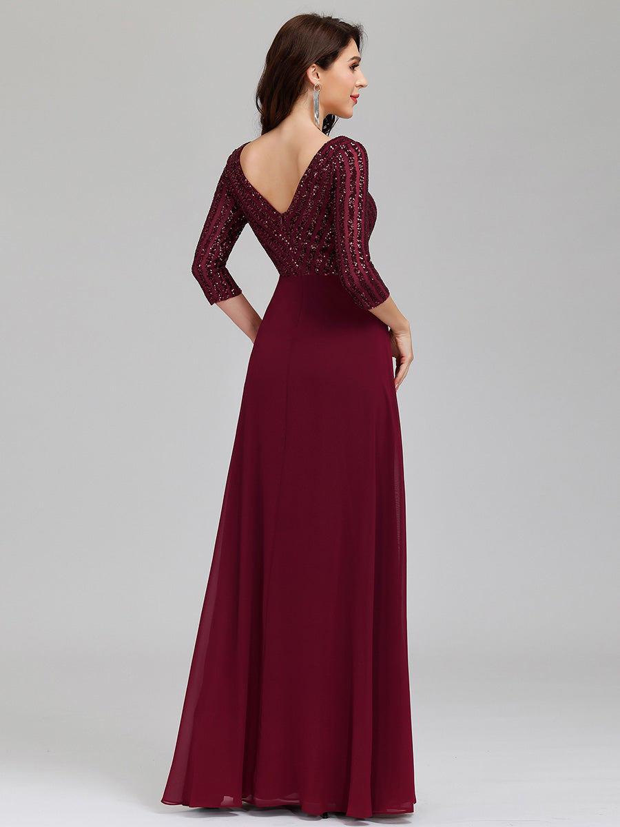 Patchwork Chiffon Sequin A-Line Evening Dress #color_Burgundy