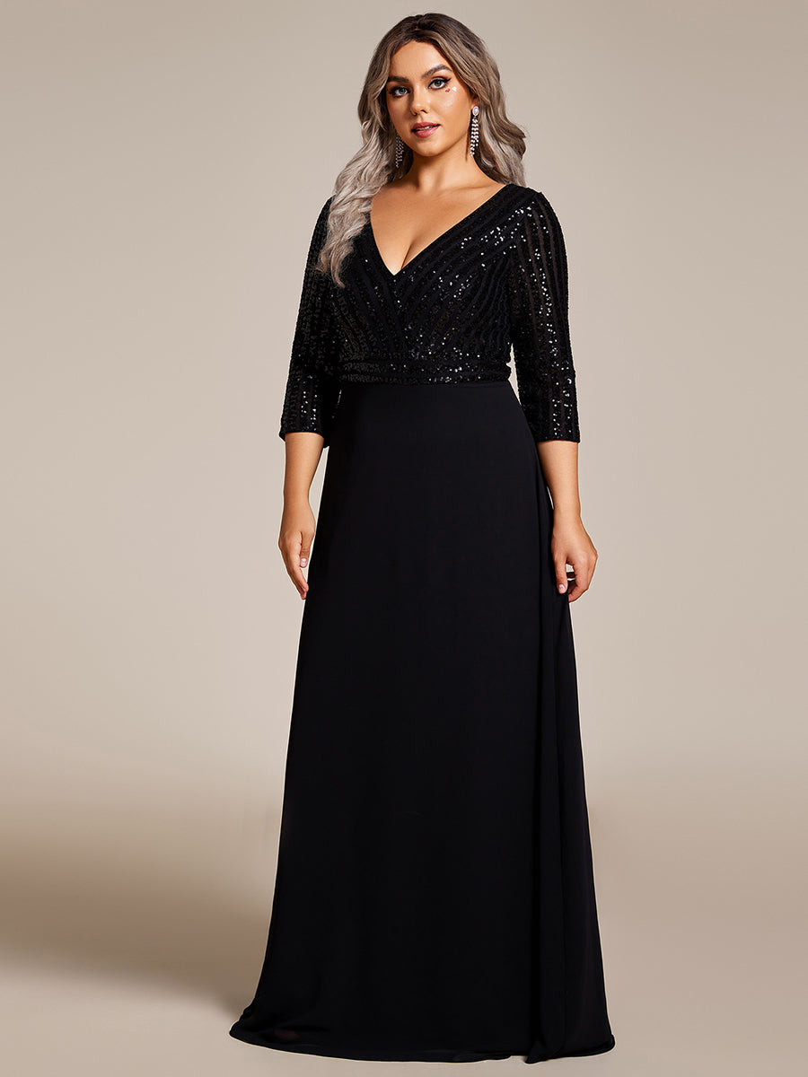 Plus Size Patchwork Chiffon Sequin V-Neck Evening Dress With Sleeve #color_Black