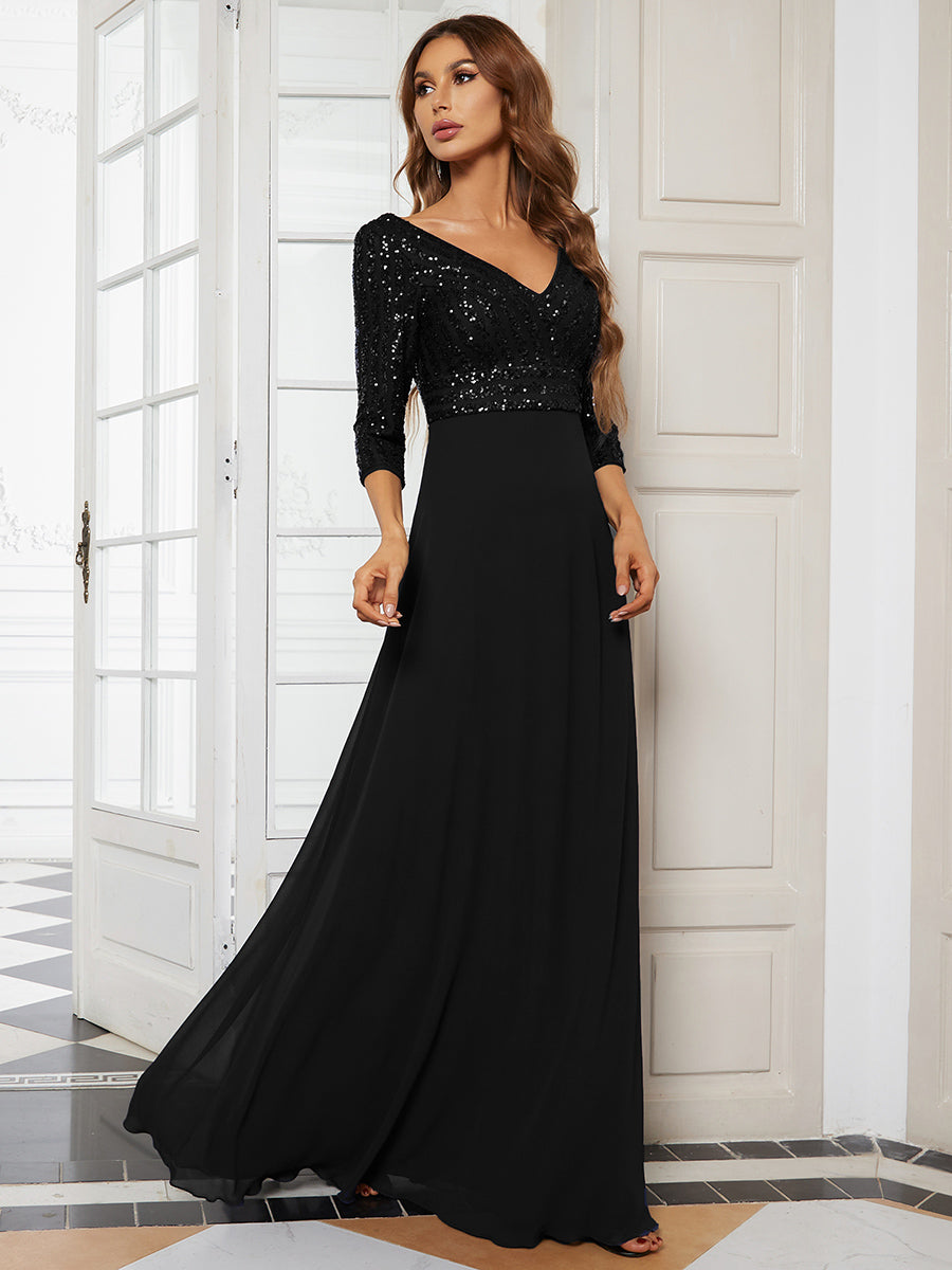 Patchwork Chiffon Sequin A-Line Evening Dress #color_Black