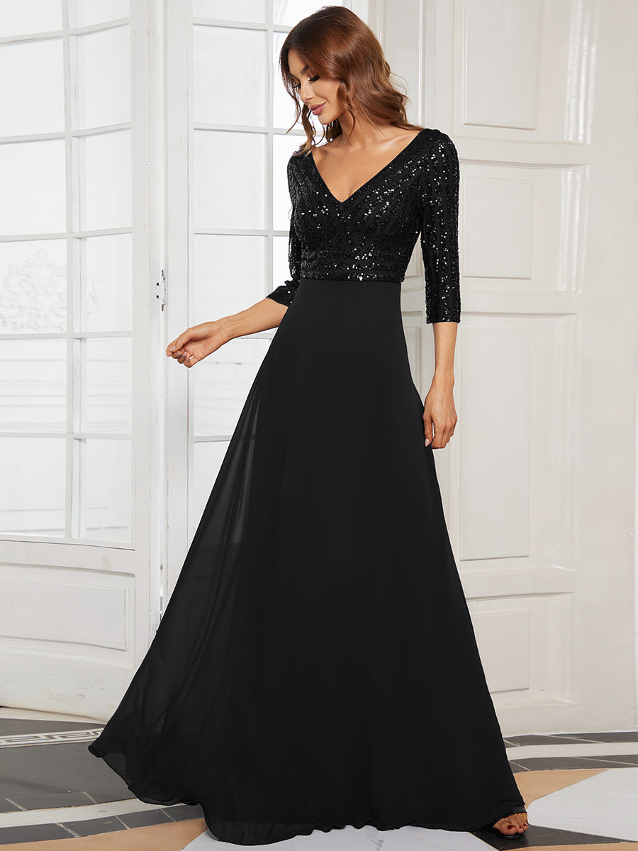 Patchwork Chiffon Sequin A-Line Evening Dress #color_Black