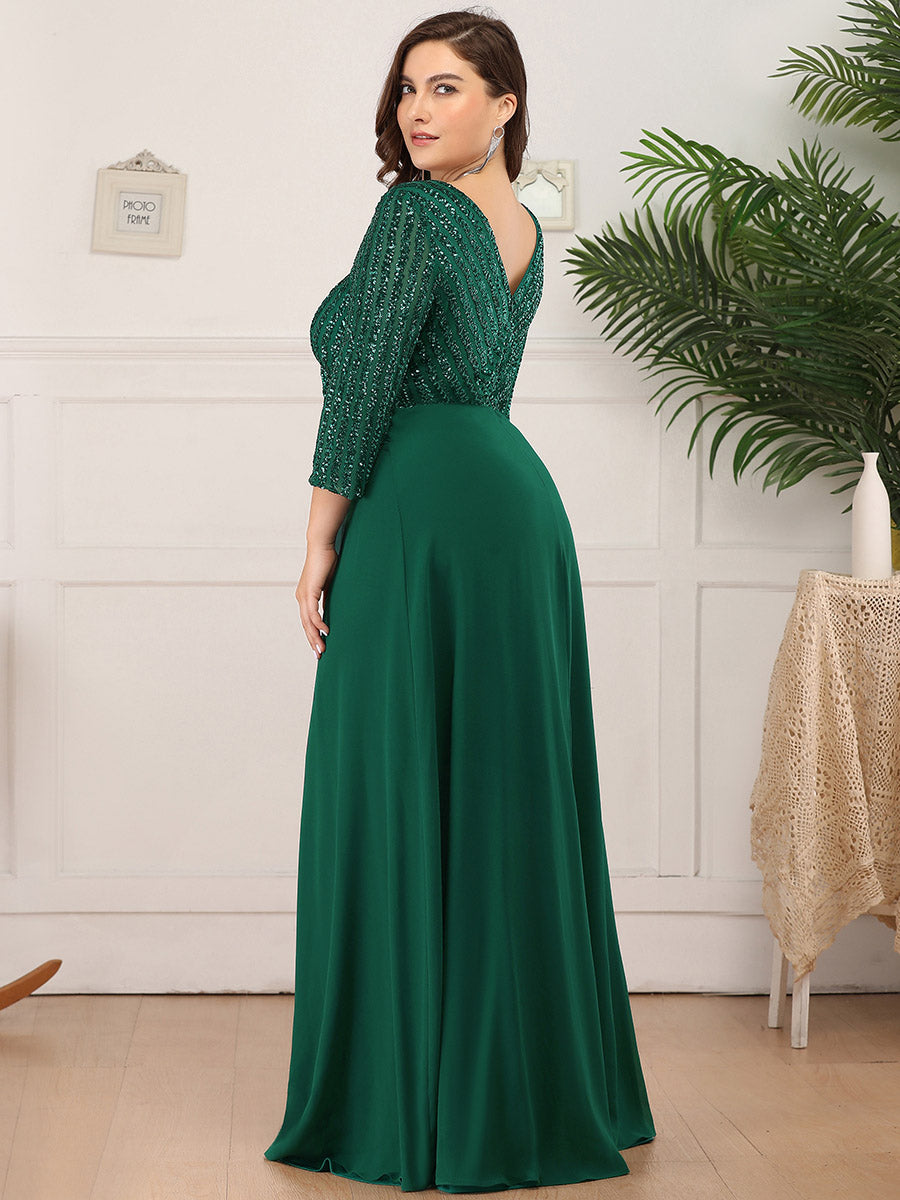 Patchwork Chiffon Sequin A-Line Evening Dress #color_Dark Green
