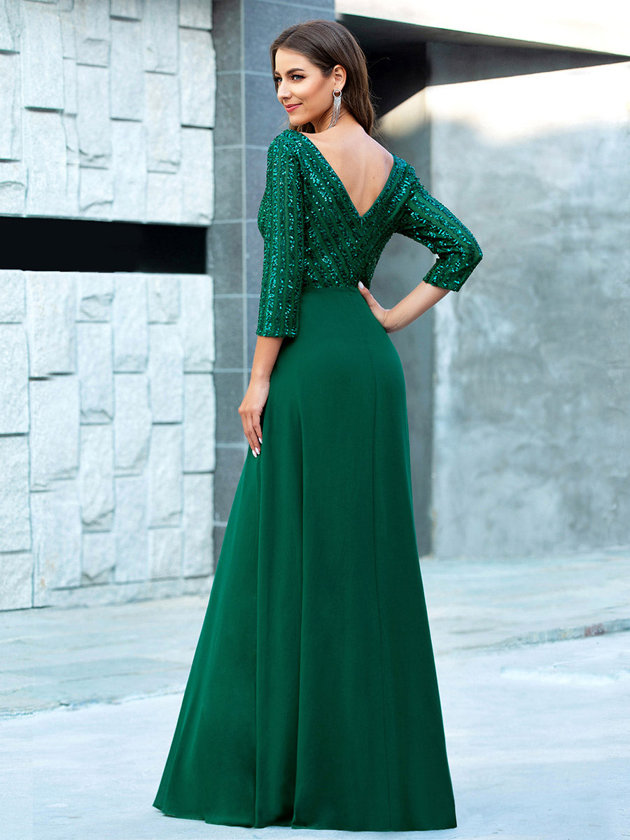 Patchwork Chiffon Sequin A-Line Evening Dress #color_Dark Green