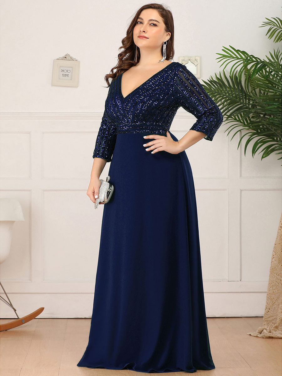 Plus Size Patchwork Chiffon Sequin V-Neck Evening Dress With Sleeve #color_Navy Blue