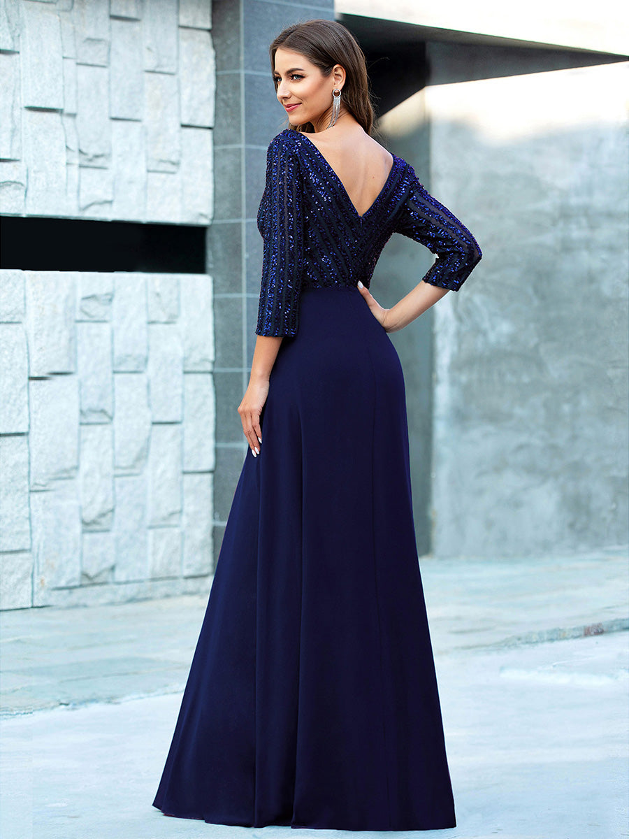 Patchwork Chiffon Sequin A-Line Evening Dress #color_Navy Blue