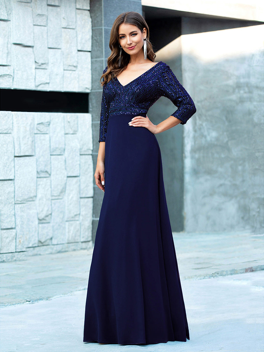 Patchwork Chiffon Sequin A-Line Evening Dress #color_Navy Blue