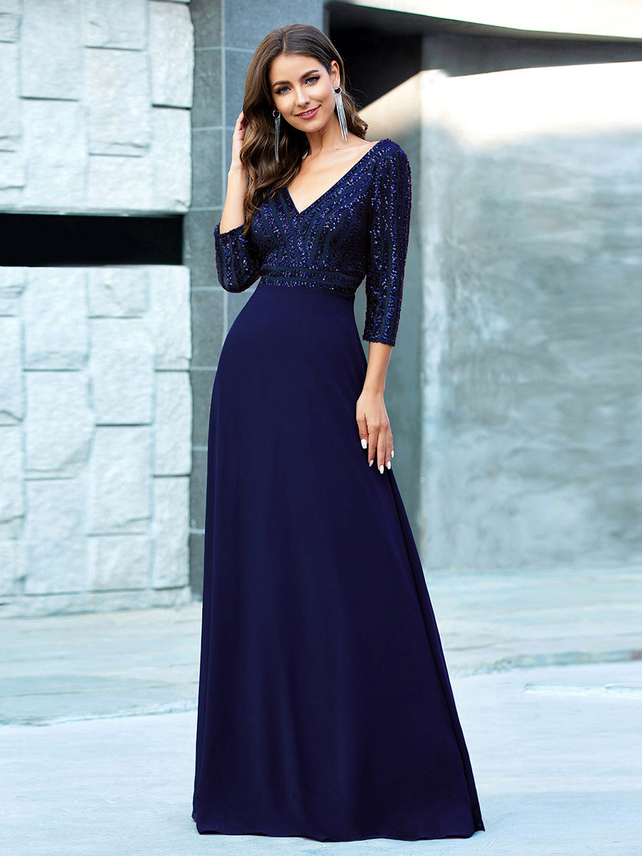 Patchwork Chiffon Sequin A-Line Evening Dress #color_Navy Blue