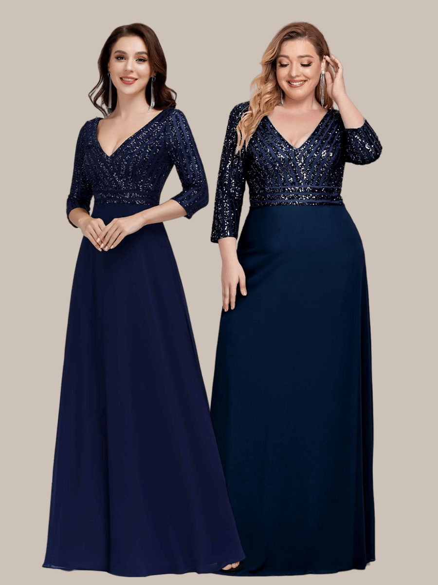 Sexy V Neck Sequin Evening Dresses with 3/4 Sleeve #color_Navy Blue