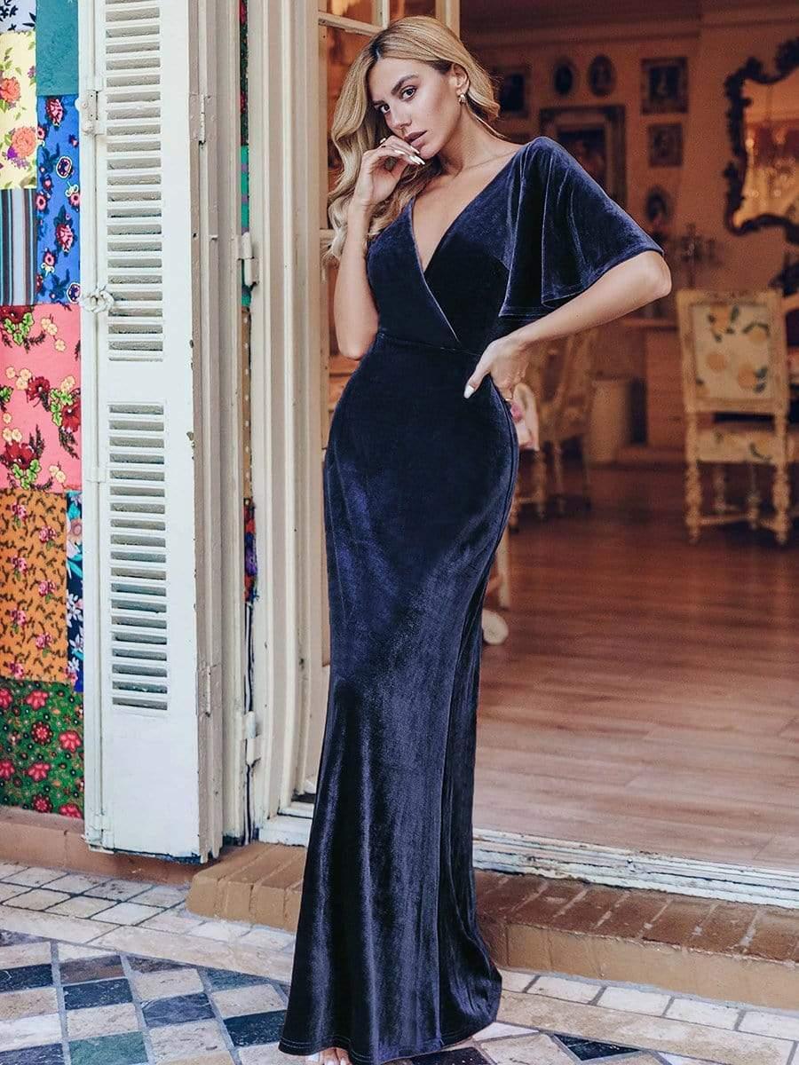 Elegant Double V Neck Velvet Party Dress with Sleeves #color_Navy Blue