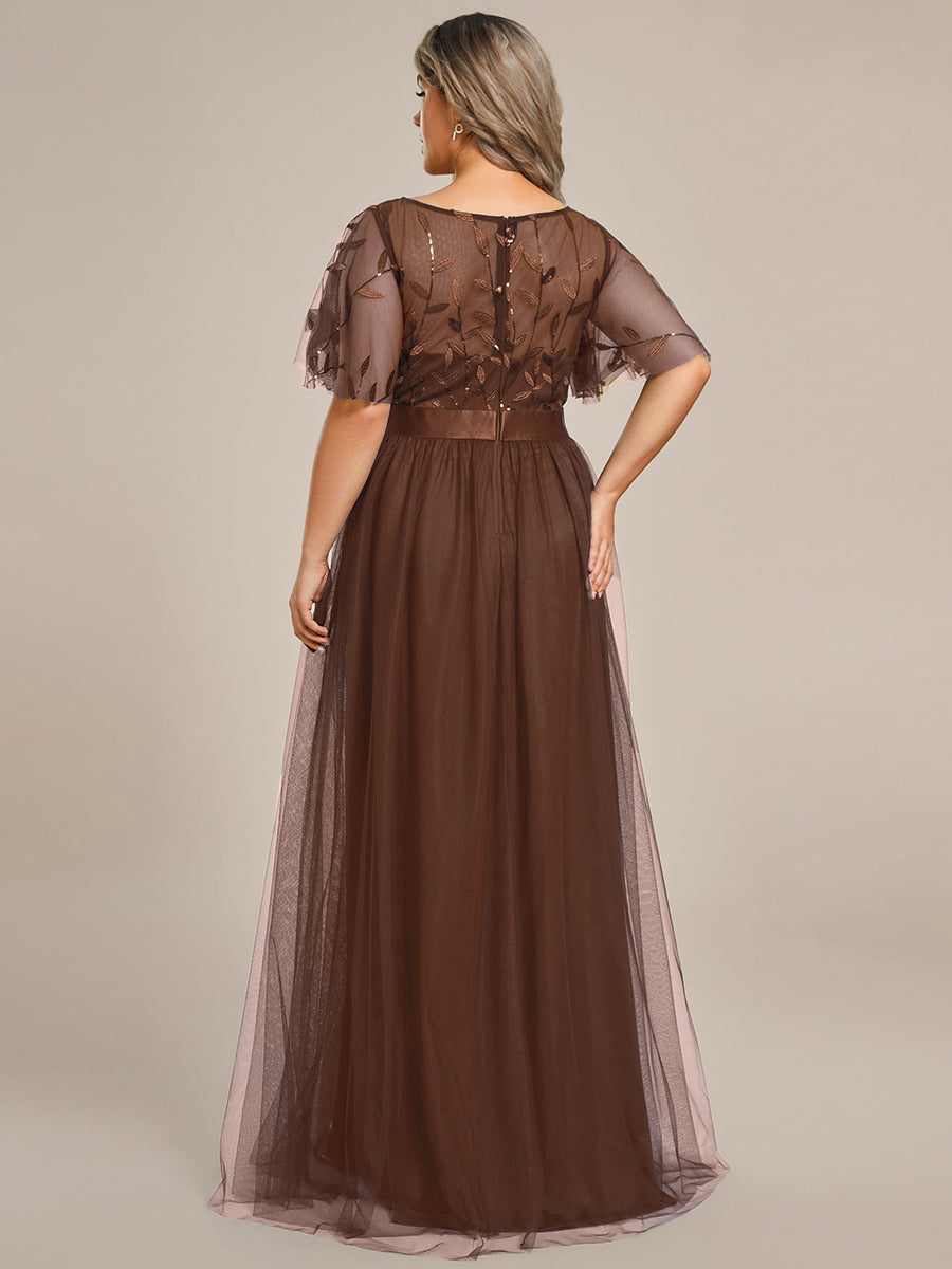 Plus Size Women's Embroidery Evening Dresses with Short Sleeve #color_Brown