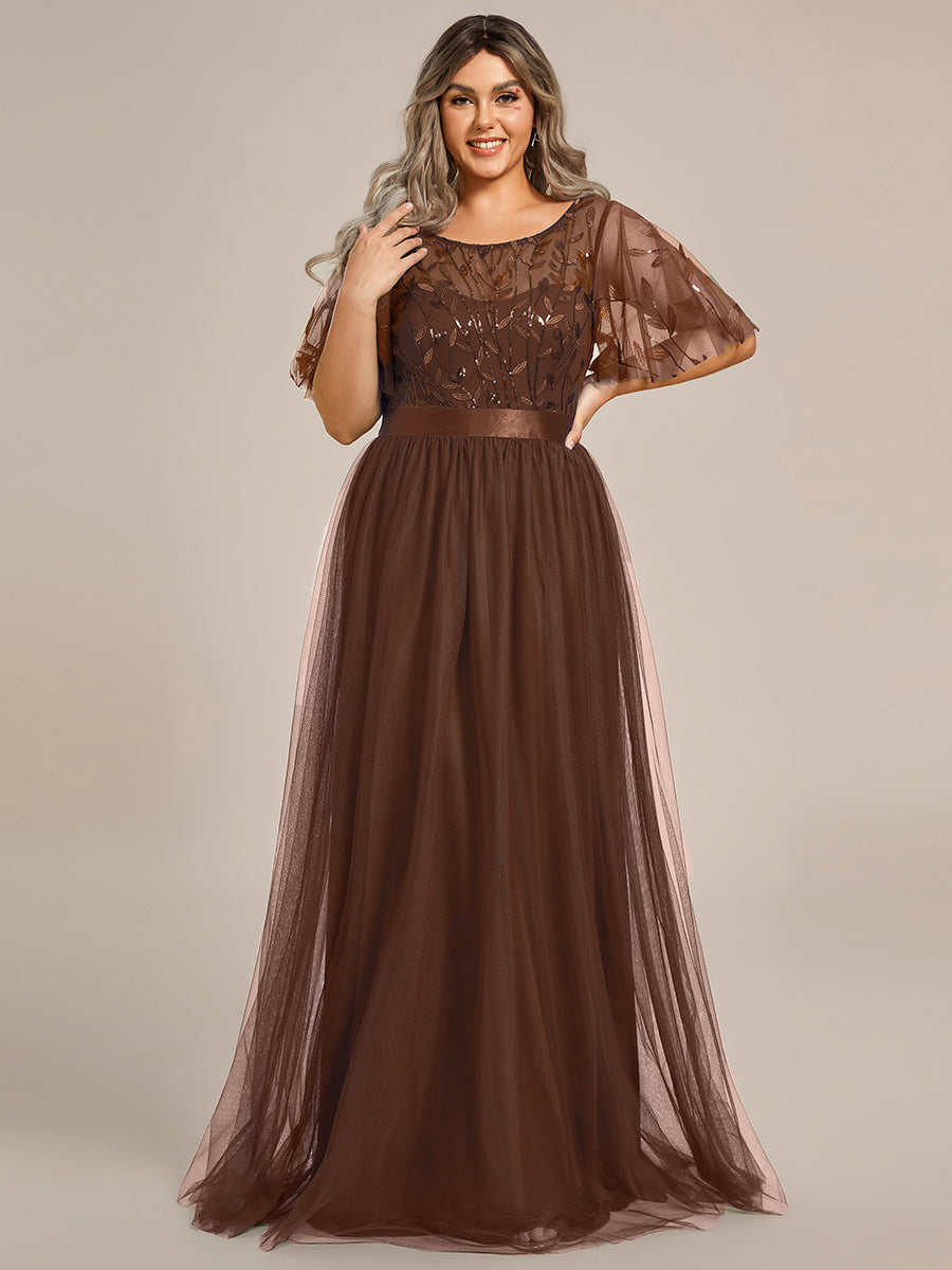 Women's A-Line Short Sleeve Embroidery Floor Length Evening Dresses #color_Brown