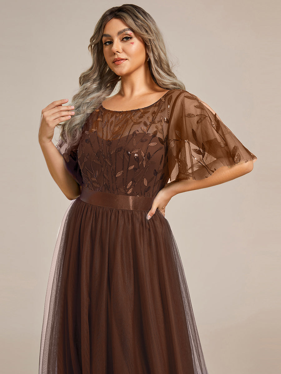 Women's A-Line Short Sleeve Embroidery Floor Length Evening Dresses #color_Brown