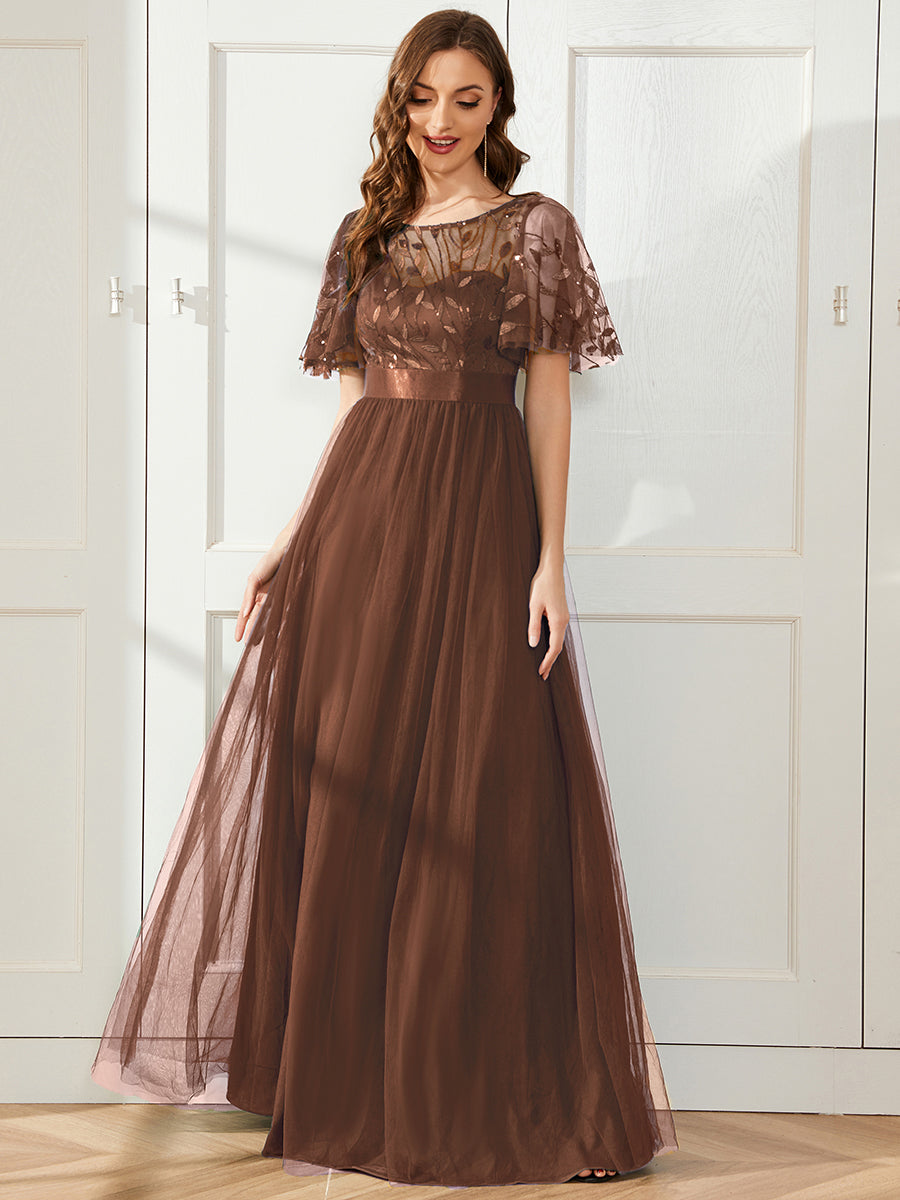 Women's A-Line Short Sleeve Embroidery Floor Length Evening Dresses #color_Brown
