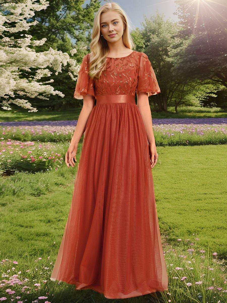 Women's A-Line Short Sleeve Embroidery Floor Length Evening Dresses #color_Burnt Orange