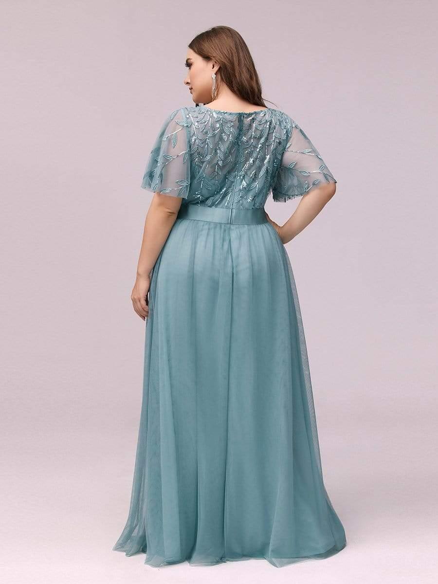 Women's A-Line Sequin Leaf Maxi Prom Dress with Sleeves #color_Light Teal