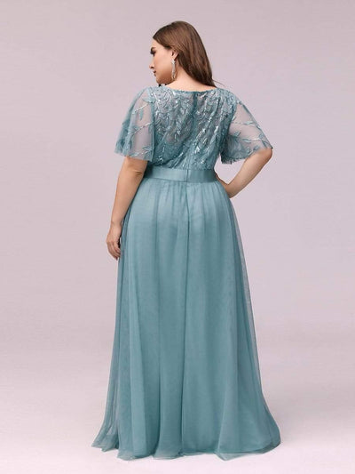 Plus Size Women's Embroidery Evening Dresses with Short Sleeve #color_Light Teal
