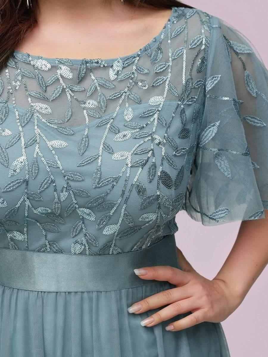 Women's A-Line Sequin Leaf Maxi Prom Dress with Sleeves #color_Light Teal