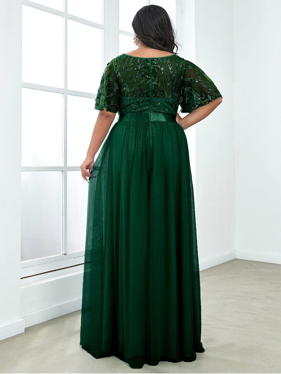 Women's A-Line Sequin Leaf Maxi Prom Dress with Sleeves #color_Dark Green