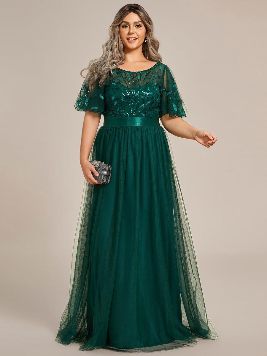 Plus Size Sequin Bodice Long Formal Evening Dresses #color_Dark Green