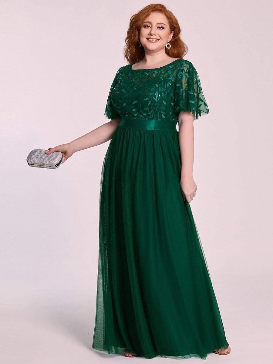 Plus Size Women's Embroidery Evening Dresses with Short Sleeve #color_Dark Green