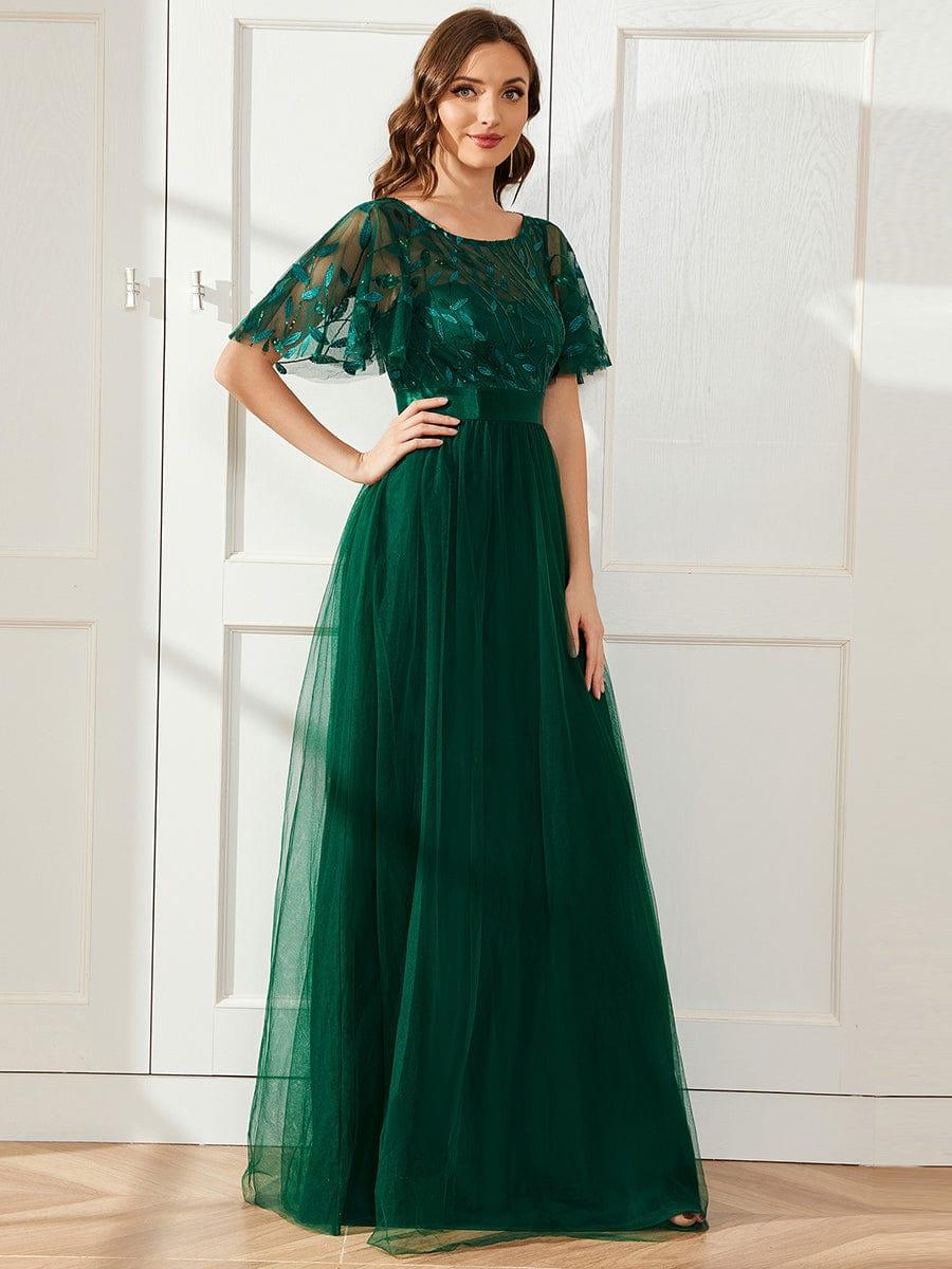 Women's A-Line Sequin Leaf Maxi Prom Dress with Sleeves #color_Dark Green