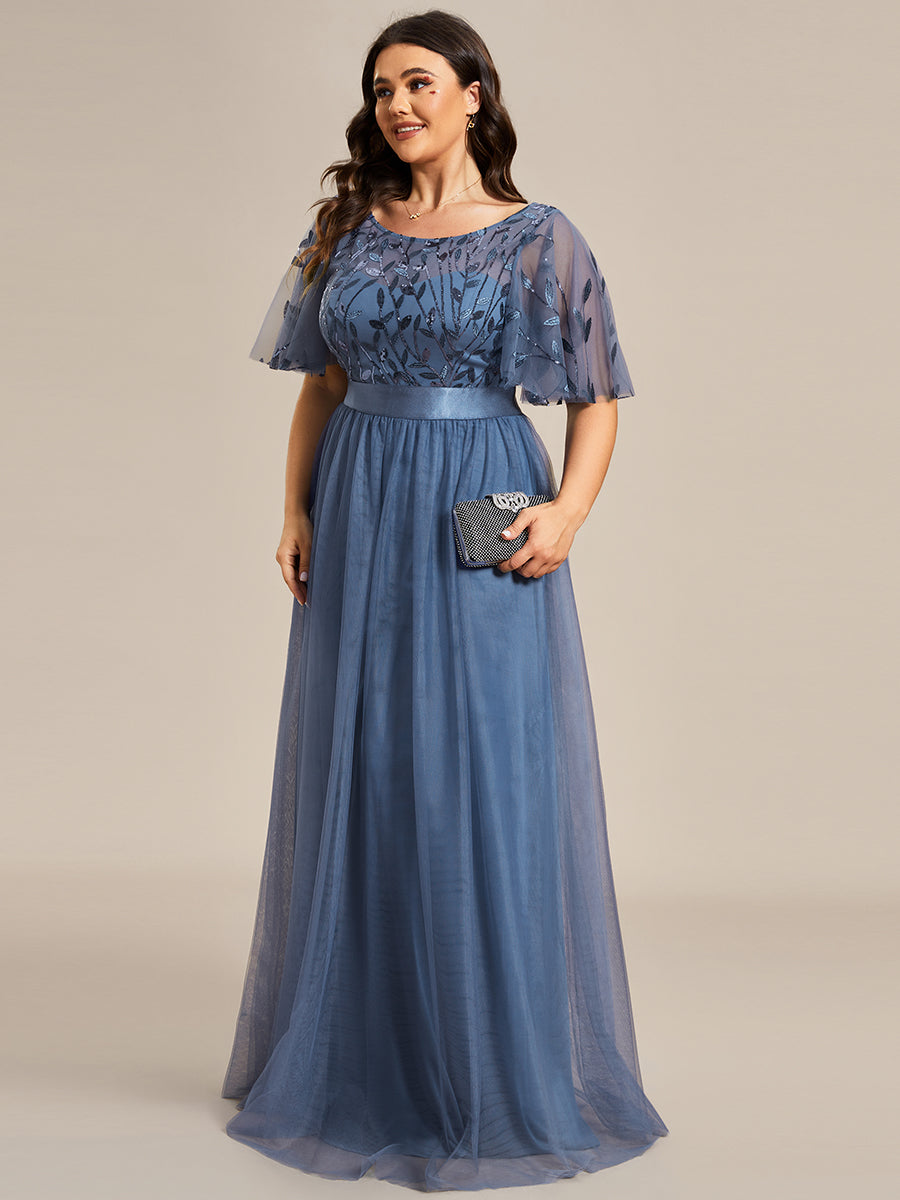 Plus Size Women's Embroidery Evening Dresses with Short Sleeve #color_Dusty Blue