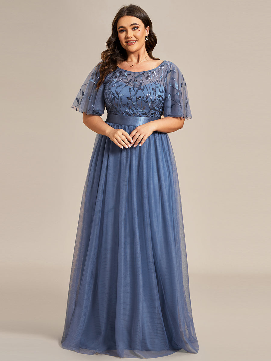 Plus Size Women's Embroidery Evening Dresses with Short Sleeve #color_Dusty Blue