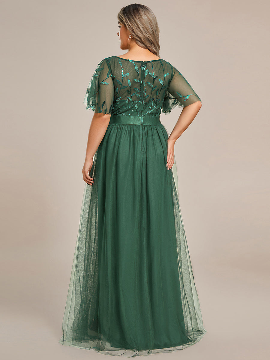 Plus Size Women's Embroidery Evening Dresses with Short Sleeve #color_Eucalyptus