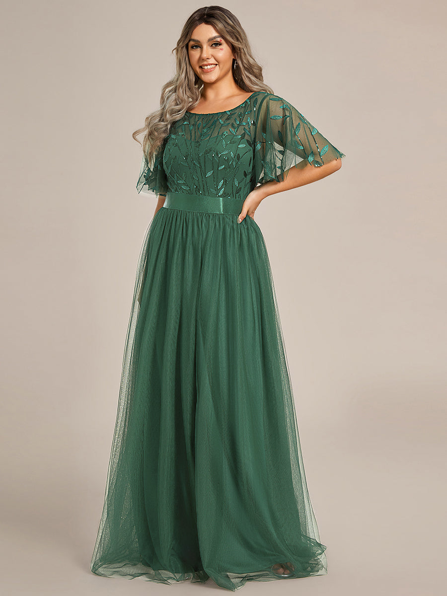 Plus Size Women's Embroidery Evening Dresses with Short Sleeve #color_Eucalyptus