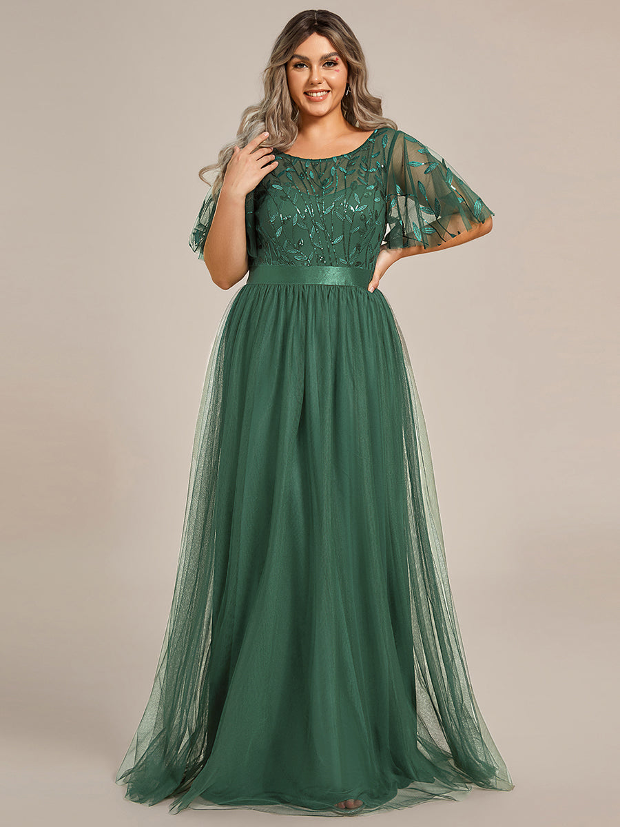 Plus Size Women's Embroidery Evening Dresses with Short Sleeve #color_Eucalyptus