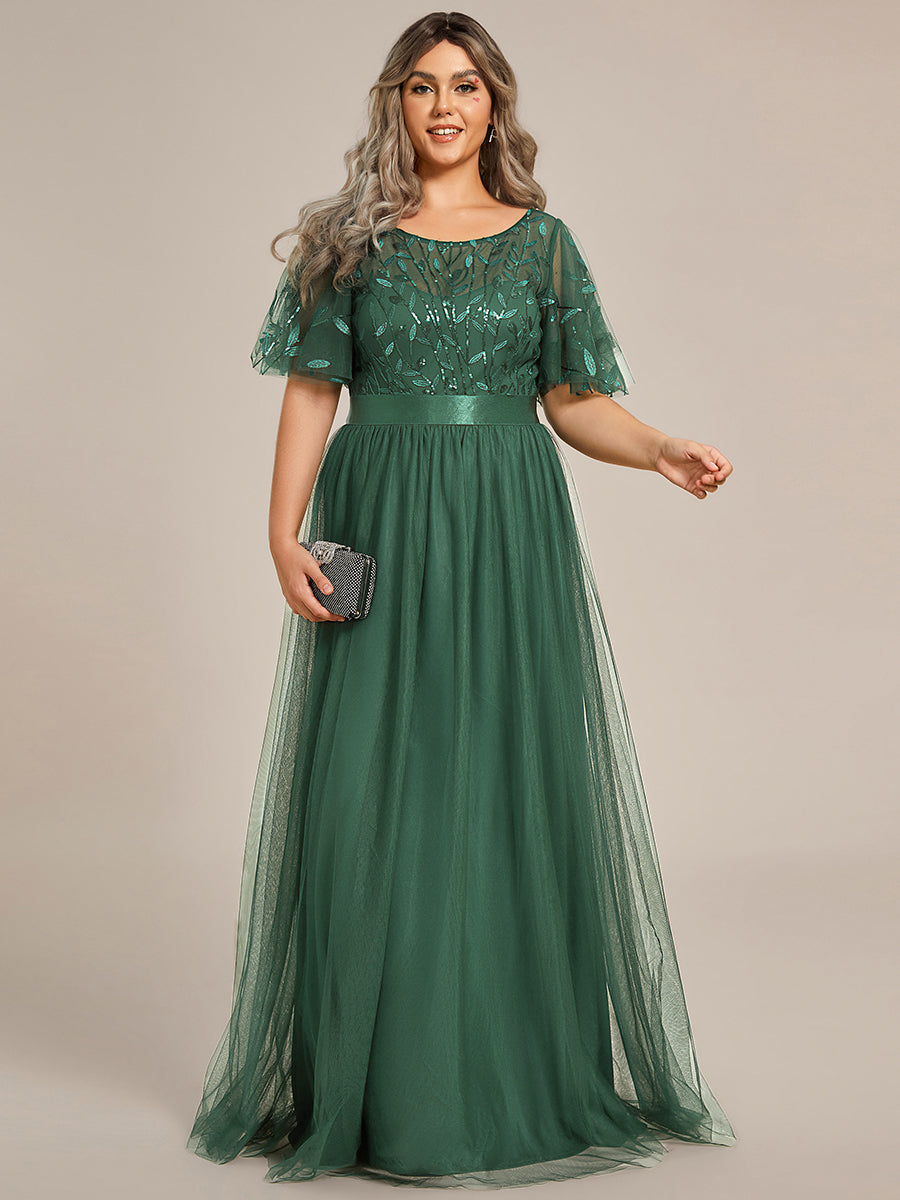 Plus Size Women's Embroidery Evening Dresses with Short Sleeve #color_Eucalyptus