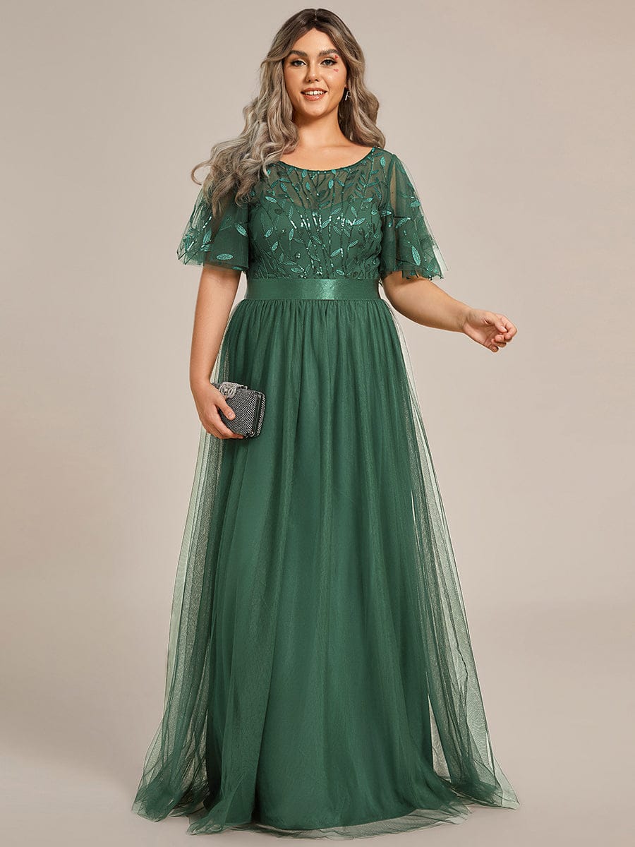 Plus Size Women's Embroidery Evening Dresses with Short Sleeve #color_Eucalyptus