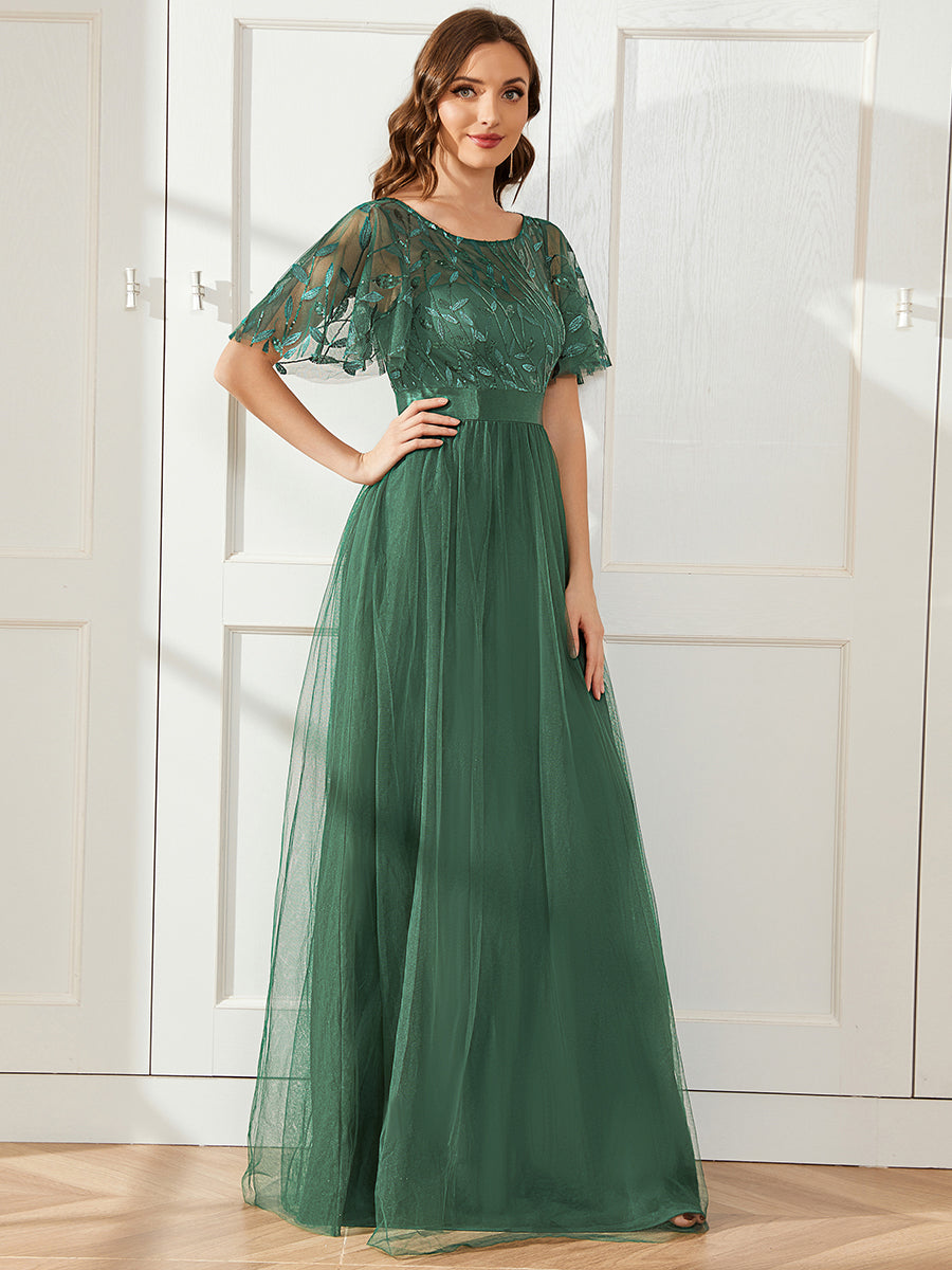 Women's A-Line Sequin Leaf Maxi Prom Dress with Sleeves #color_Eucalyptus