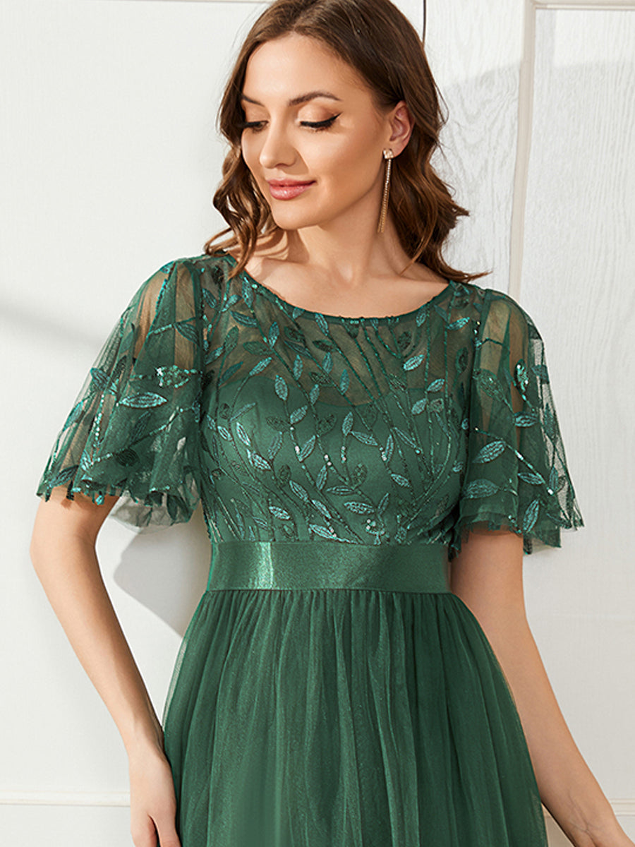 Women's A-Line Sequin Leaf Maxi Prom Dress with Sleeves #color_Eucalyptus