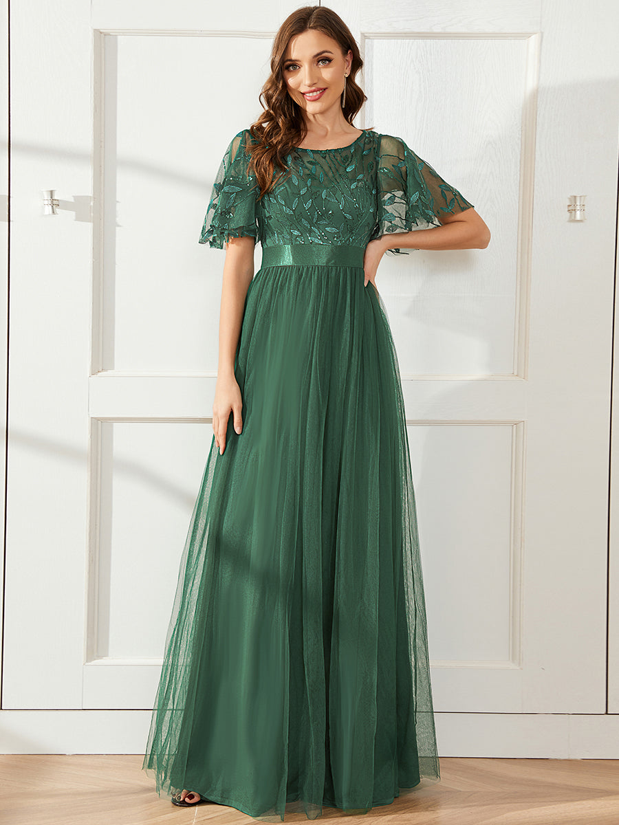 Women's A-Line Sequin Leaf Maxi Prom Dress with Sleeves #color_Eucalyptus