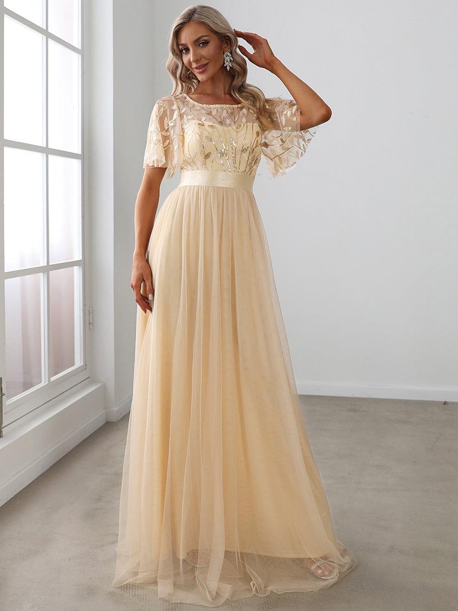 Women's A-Line Sequin Leaf Maxi Prom Dress with Sleeves #color_Gold