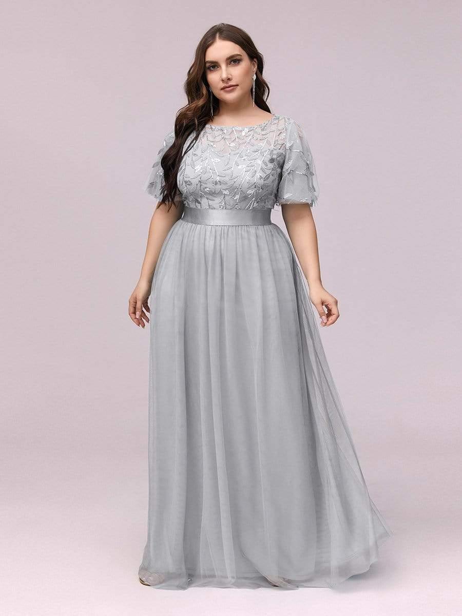 Plus Size Women's Embroidery Evening Dresses with Short Sleeve #color_Grey