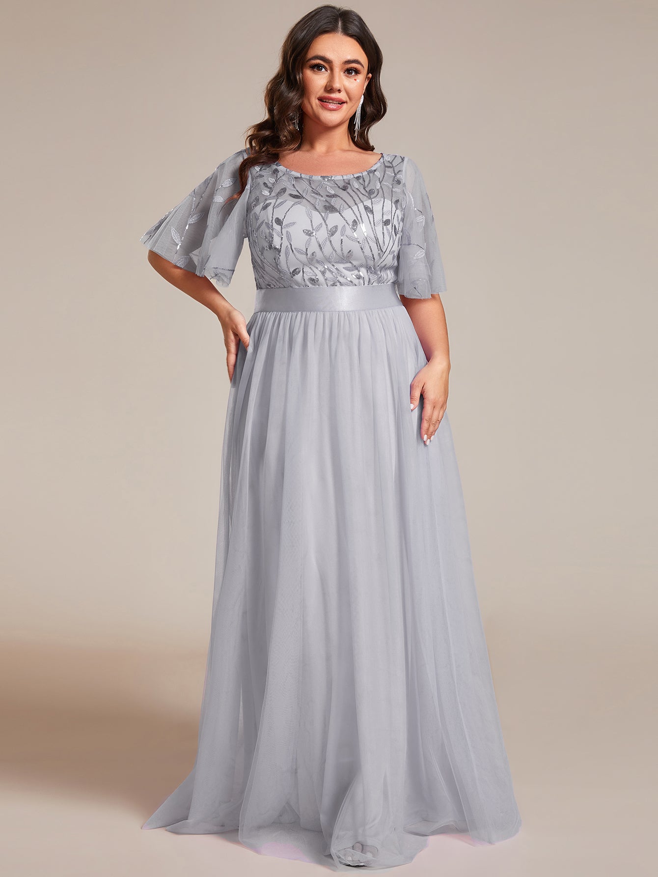 Plus Size Women's Embroidery Evening Dresses with Short Sleeve #color_Grey