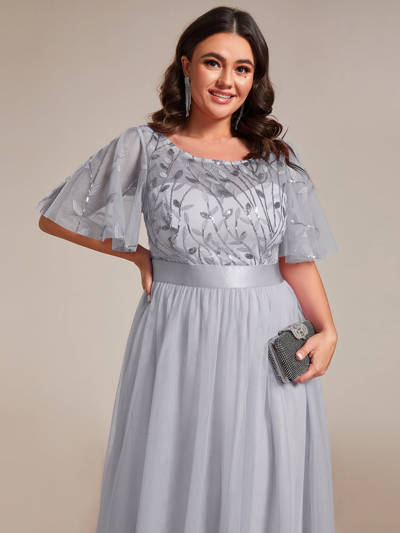 Plus Size Women's Embroidery Evening Dresses with Short Sleeve #color_Grey