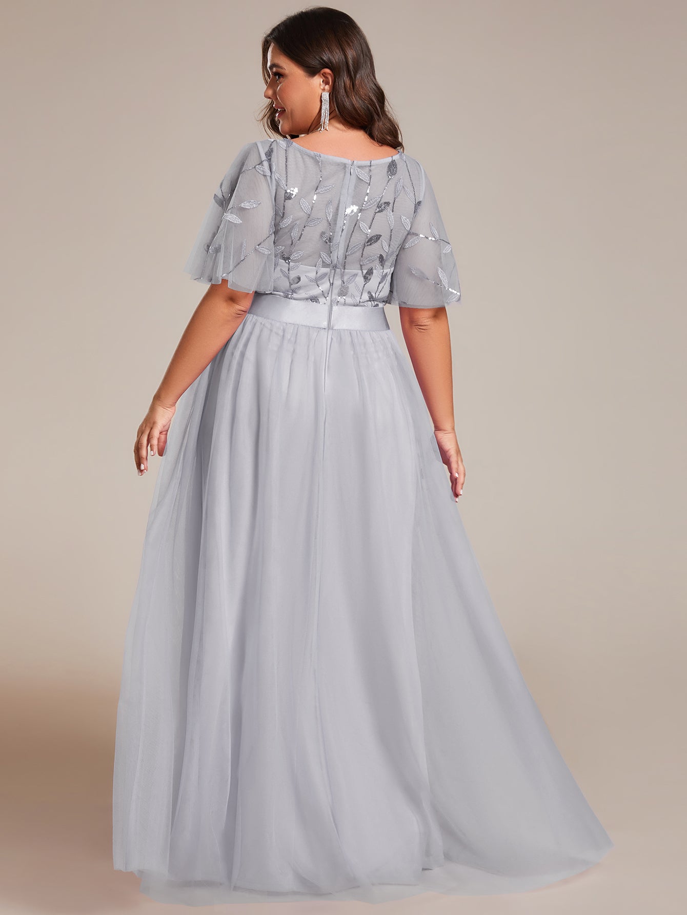 Plus Size Women's Embroidery Evening Dresses with Short Sleeve #color_Grey