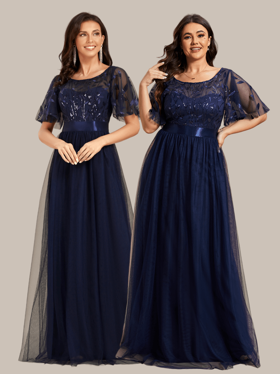 Women's A-Line Sequin Leaf Maxi Prom Dress with Sleeves #color_Gold